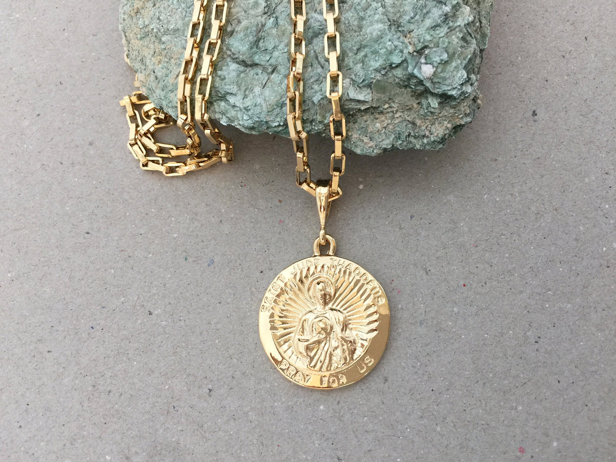 Coin Necklace, Saint Jude Thaddeus Gold Medallion Pendant, Rectangle Box  Chain, Patron Saint of Desperate and Lost Causes, Religious Jewelry