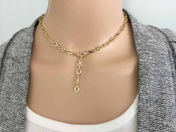 XOXO Chain Necklace, Hugs and Kisses Choker Necklace, Adjustable Length Lariat Y Choker Necklace