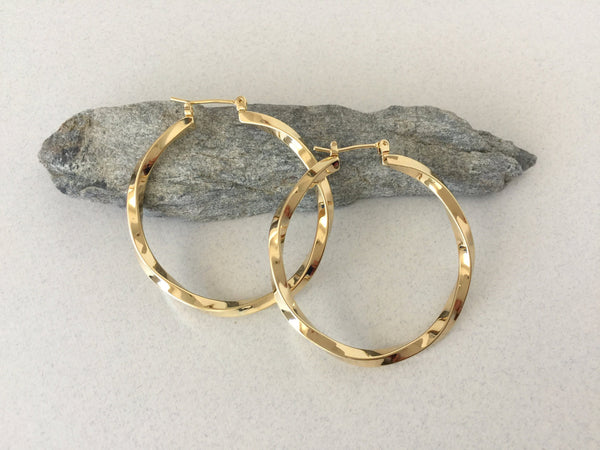 Large Twisted Gold Hoop Earrings, 1.6 inch Simple Plain Minimalist Polished Hoops, Big Shiny Gold Hypoallergenic Surgical Steel Posts