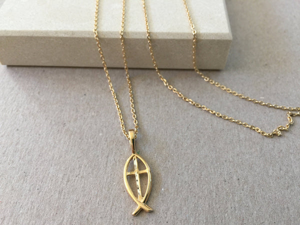 Ichthus Fish Cross Necklace, Gold Cross Pendant on Fine Cable Chain, Religious Charm Jewelry, Christian Ichthys Fish Cross Pendant Necklace