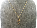 Ichthus Fish Cross Necklace, Gold Cross Pendant on Fine Cable Chain, Religious Charm Jewelry, Christian Ichthys Fish Cross Pendant Necklace