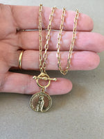 Gold Coin Choker Necklace, Spanish Coin Medallion Pendant with Toggle Clasp Chain, Religious Coin Medal, O Ring Lariat Y Boho Womens Jewelry