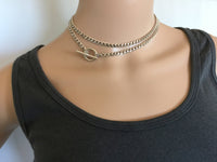 Silver Toggle Necklace, Silver Rhodium Curb Link Chain, 4.6mm Thick Chunky Statement Choker, Large Toggle Clasp Lariat Y Boho Jewelry