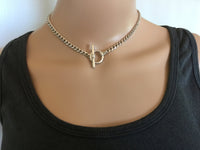 Silver Toggle Necklace, Silver Rhodium Curb Link Chain, 4.6mm Thick Chunky Statement Choker, Large Toggle Clasp Lariat Y Boho Jewelry
