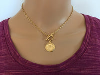 Gold Coin Choker Necklace, Saint Christopher Medal Toggle Clasp Chain, Religious Coin Medallion, Chunky O Ring Lariat Y Boho Women's Jewelry