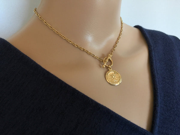 Gold Coin Choker Necklace Saint Christopher Medal Toggle Clasp