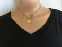 Gold Coin Choker Necklace, Spanish Coin Medallion Pendant with Toggle Clasp Chain, Religious Coin Medal, O Ring Lariat Y Boho Womens Jewelry