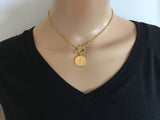 Gold Coin Choker Necklace, Spanish Coin Medallion Pendant with Toggle Clasp Chain, Religious Coin Medal, O Ring Lariat Y Boho Womens Jewelry