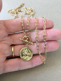 Gold Coin Choker Necklace, Spanish Coin Medallion Pendant with Toggle Clasp Chain, Religious Coin Medal, O Ring Lariat Y Boho Womens Jewelry