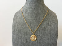 Coin Necklace, Saint Christopher Gold Medallion Pendant, Thick Gold Curb Chain, Patron Saint of Travelers, Religious Jewelry for Men, Women