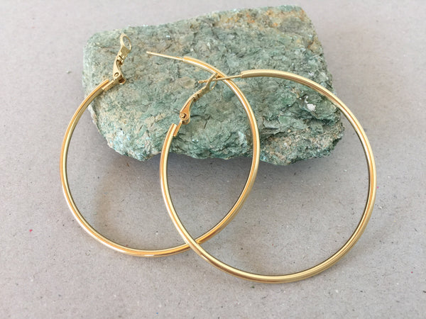 Gold Hoop Earrings, Large Hinge Clip Polished Hoops, Simple Plain Shiny Minimalist Pierced Hoop Earring, Hypoallergenic Surgical Steel Posts