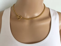 Gold Choker Necklace, Curb Link Chain, 6.4mm Thick Chain, Chunky Gold Statement Choker, Large Toggle Clasp, Lariat Y Boho Women's Jewelry