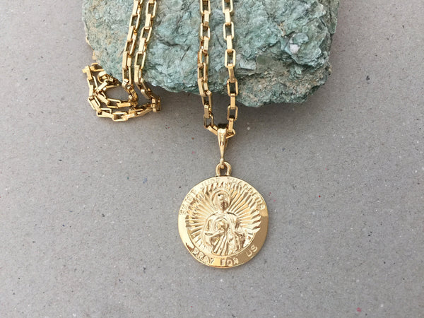 Coin Necklace, Saint Jude Thaddeus Gold Medallion Pendant, Rectangle Box Chain, Patron Saint of Desperate and Lost Causes, Religious Jewelry