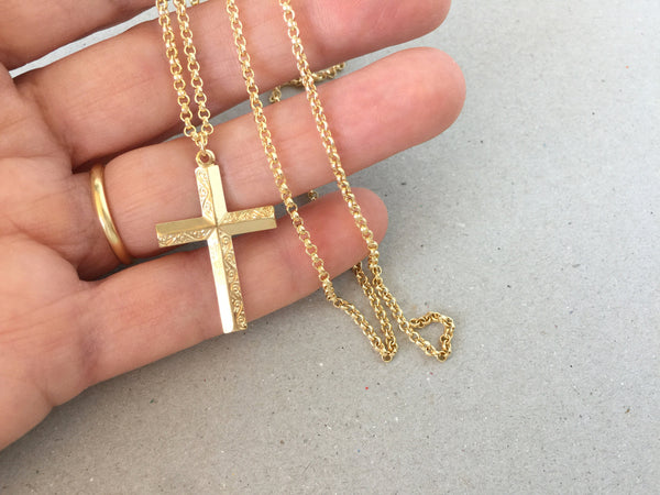 Gold Cross Necklace, 14k Gold Filled Rolo Chain Necklace, Engraved Cross Pendant, Religious Jewelry for Women Men, Unisex Christian Necklace
