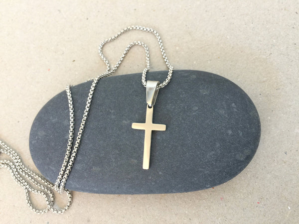 Stainless Steel Cross Necklace, Silver Cross Pendant on 1.5mm Stainless Steel Rolo Box Chain, Religious Jewelry for Men and Women