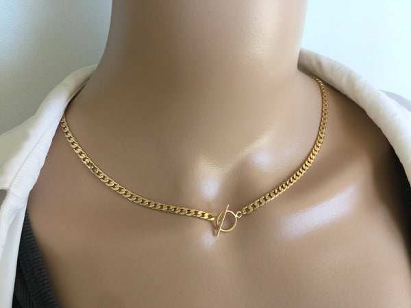 Gold Toggle Clasp Choker Necklace, 3.8 mm Thick Curb Link Chain, Chunky 14k Gold Filled O Ring Toggle Clasp, Lariat Y Boho Women's Jewelry