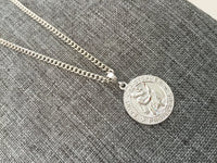 Saint Christopher Medallion Pendant, Coin Medallion, Silver Rhodium Curb Chain, Patron Saint of Travelers, Religious Jewelry for Men, Women