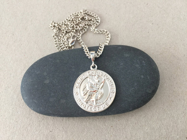 Saint Christopher Medallion Pendant, Coin Medallion, Silver Rhodium Curb Chain, Patron Saint of Travelers, Religious Jewelry for Men, Women