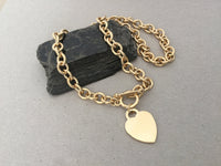 Designer Link Necklace, Heart Charm Dangle Chunky Oval Cable Links, Toggle Clasp Choker, Gold T Bar Lariat O Ring Choker