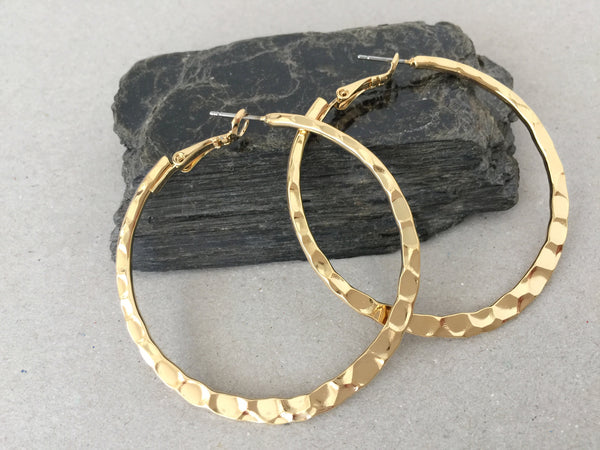 Large Hammered Gold Hoop Earrings, Simple Plain Minimalist Polished Hoops, Big Shiny Gold Hypoallergenic Surgical Steel Posts