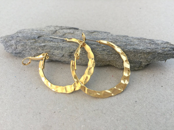 Hammered Gold Hoop Earrings, Simple Plain Minimalist Hoops, Shiny Gold Hypoallergenic Surgical Steel Posts