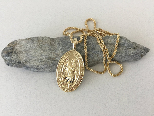 St. Christopher Gold Coin Necklace, Rope Chain, Saint Medallion Pendant, Patron Saint of Travelers, Religious Jewelry for Men, Women