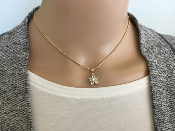 CZ Flower Necklace, Skinny Snake Chain, Cable Chain, Figaro Chain, Cubic Zirconia Crystal Flower Charm Pendant, 16 18 20 inch